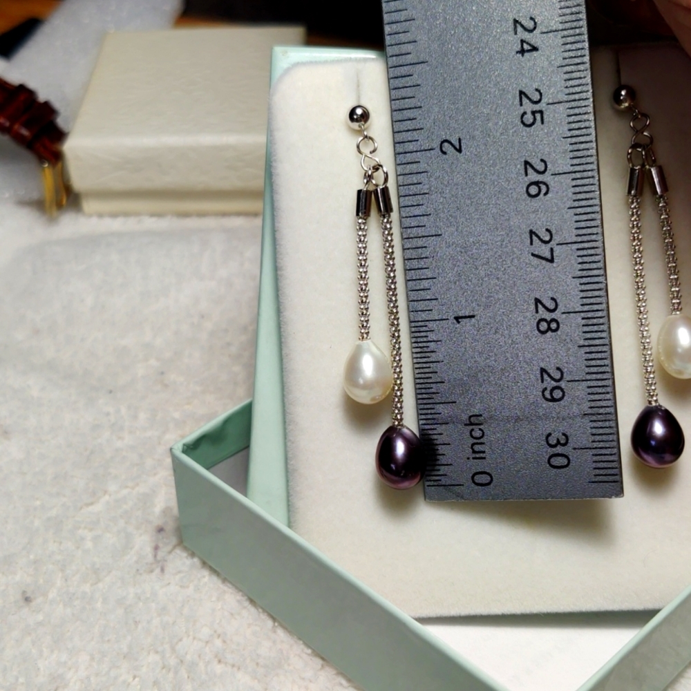 Rare Vtg Ross Simmons double drop 7.5-8.5mm cultured pearl earrings (Never worn) - Picture 2 of 5